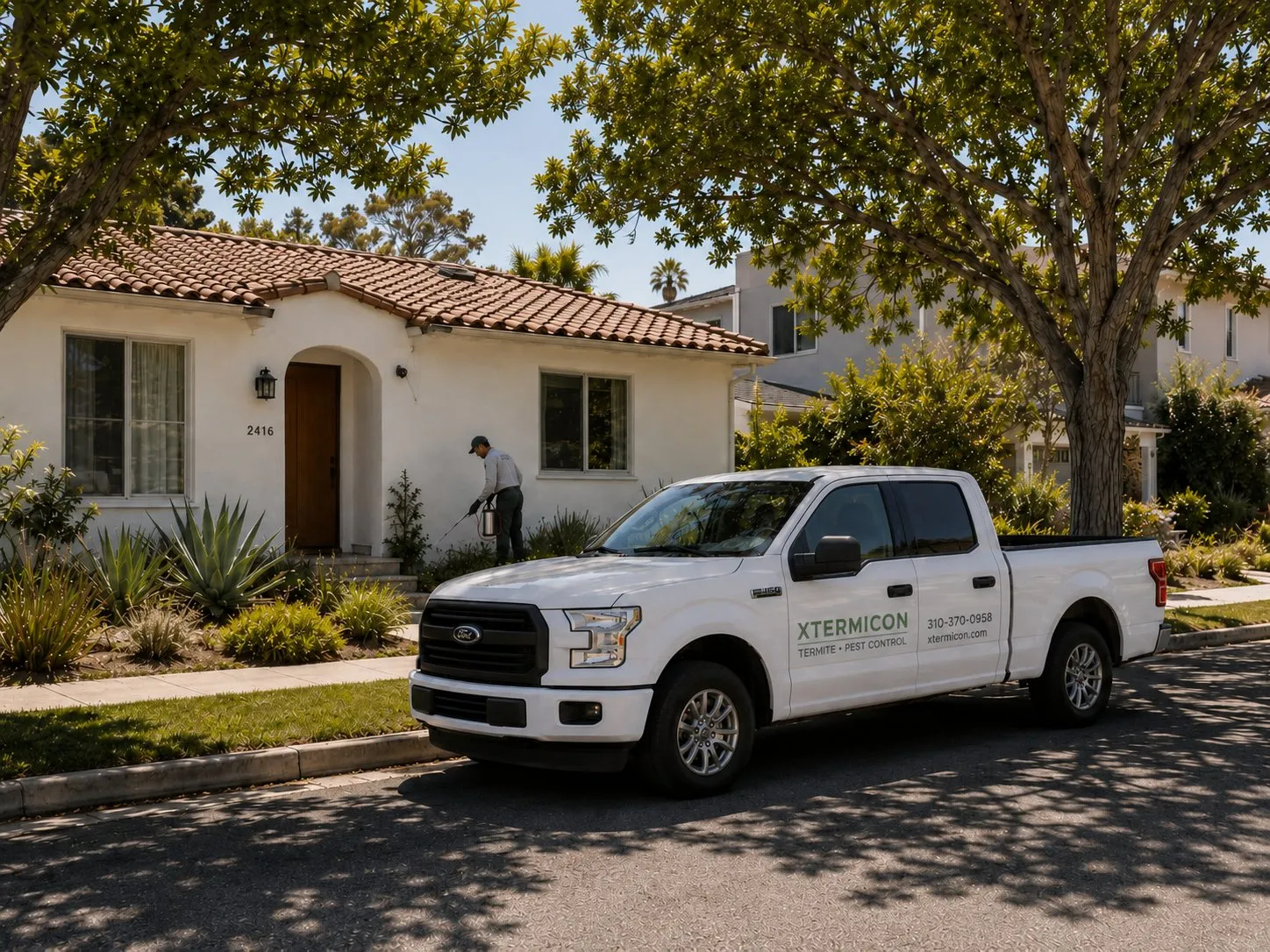 Xtermicon Pest Control truck outside a Southern California home