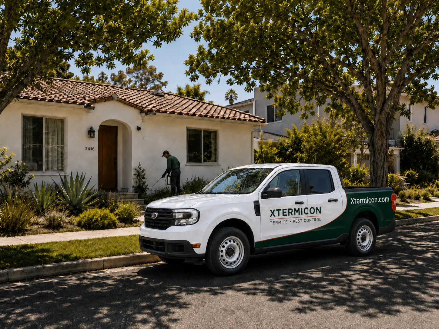 Xtermicon Pest Control truck outside a Southern California home